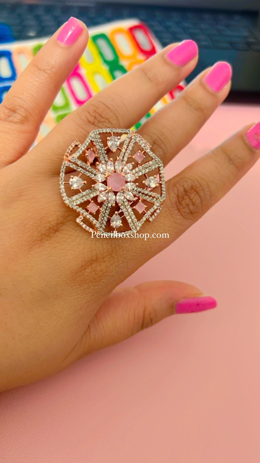 Premium Quality American Diamond Medium Flower Adjustable Statement Ring