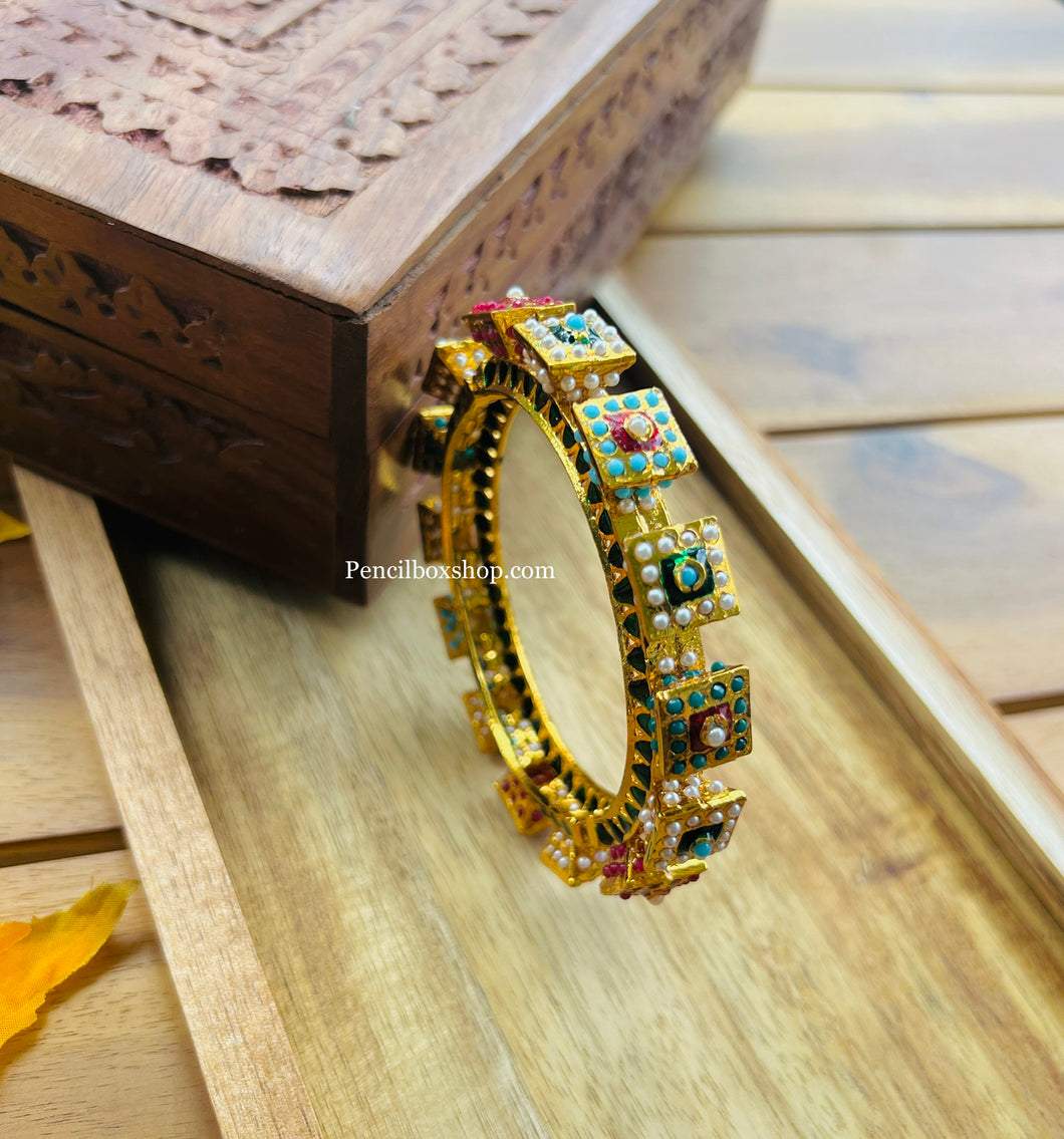 Multicolor Pearl Square Jadau Kundan Rajasthani Openable Single Bangle