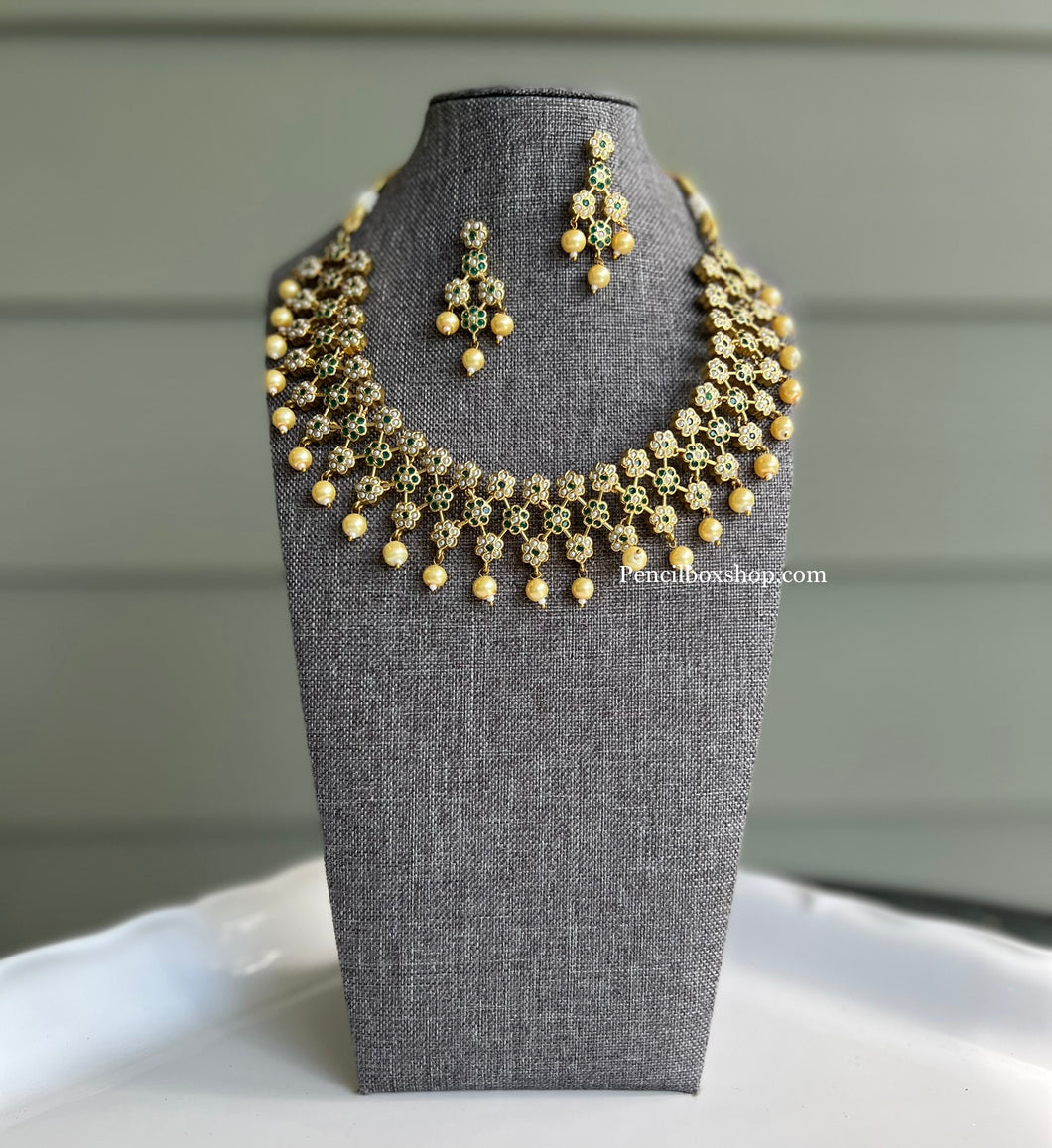 Jadau Green Simple pearl Net Moti Simple Elegant Necklace set