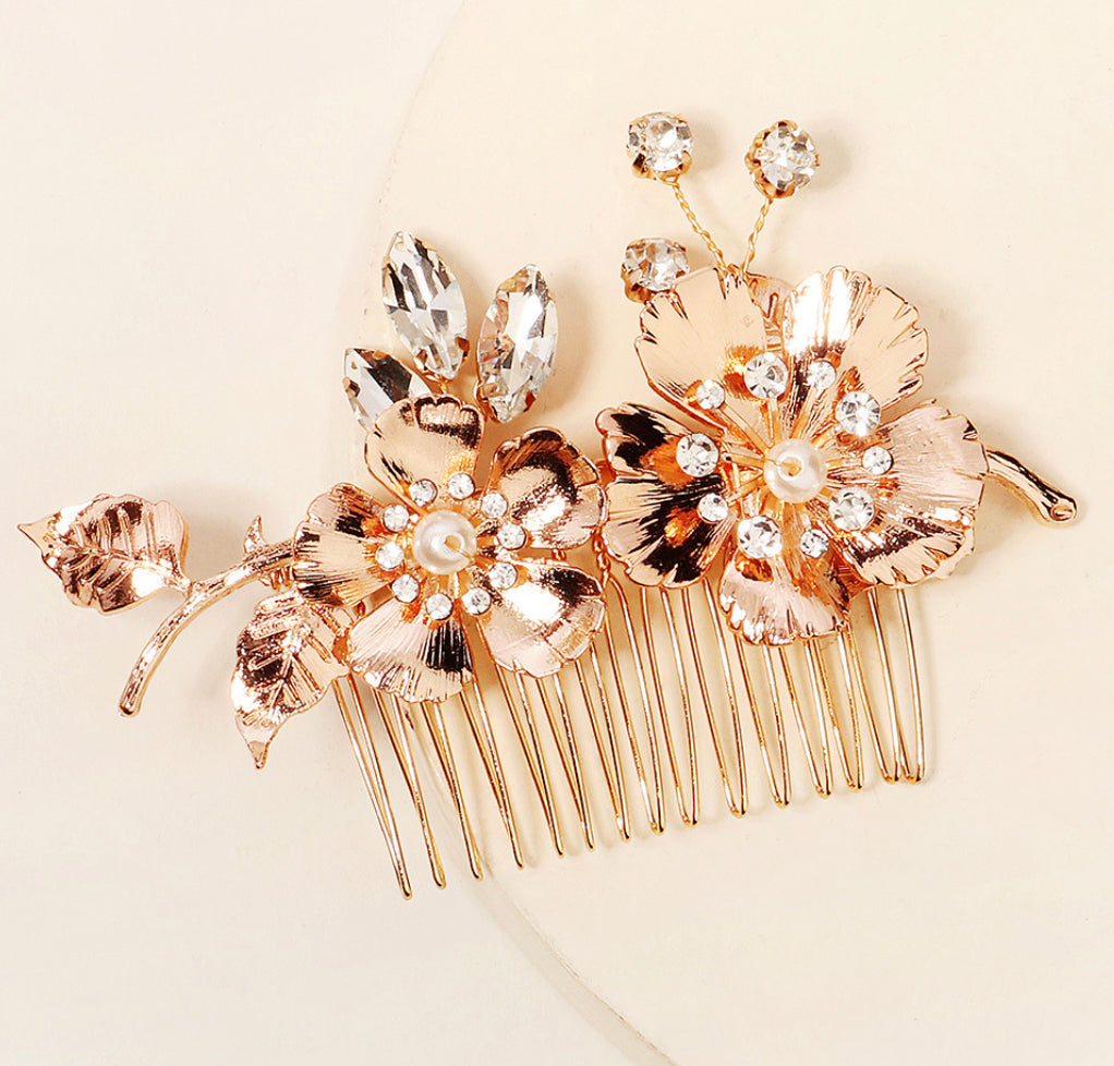 Golden Flower Rhinestone cz stone bridal pearl hair accessories