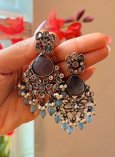 Load image into Gallery viewer, German Silver Carved Stone White stone Beads Earrings
