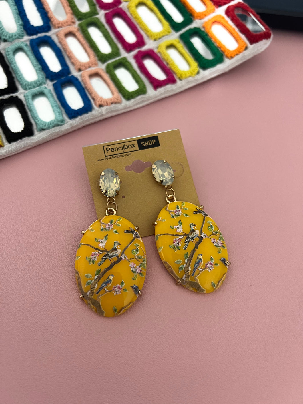 Yellow Printed Stone Dangling Bird Earrings