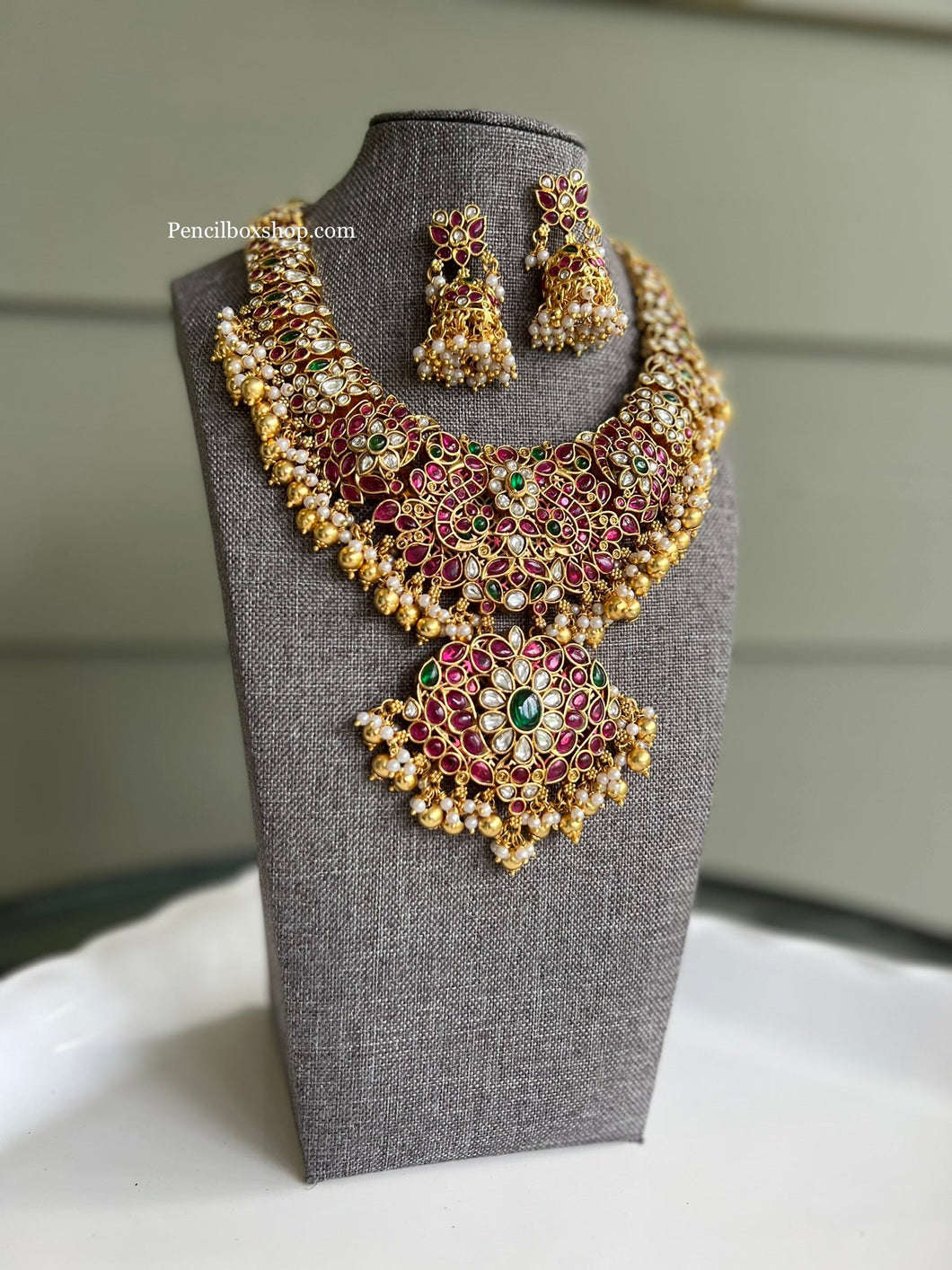 Multicolor Temple Exclusive Real Kemp stone Haram Necklace Set