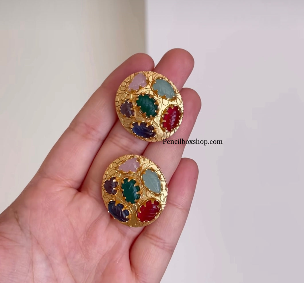 Designer kundan Real stone Navratna Multicolor with silver Foiled Stud earrings