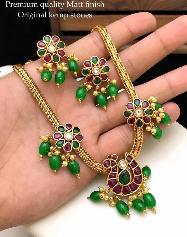 Real Jadau Kundan Kemp Stone Peacock Simple Necklace set