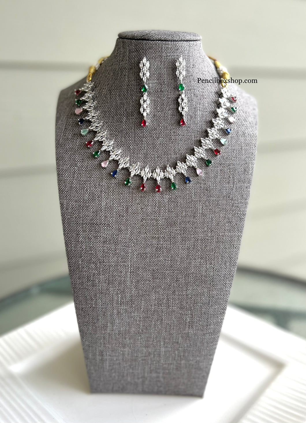 American Diamond Silver multicolor Simple Elegant Necklace set
