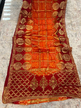 Load image into Gallery viewer, Orange Red Bandhani Square Golden Zari Border Silk Saree Elegant
