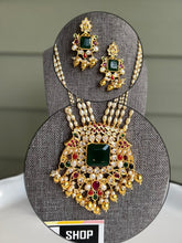 Load image into Gallery viewer, Multicolor Pearl Long kemp stone cz Haram Necklace set
