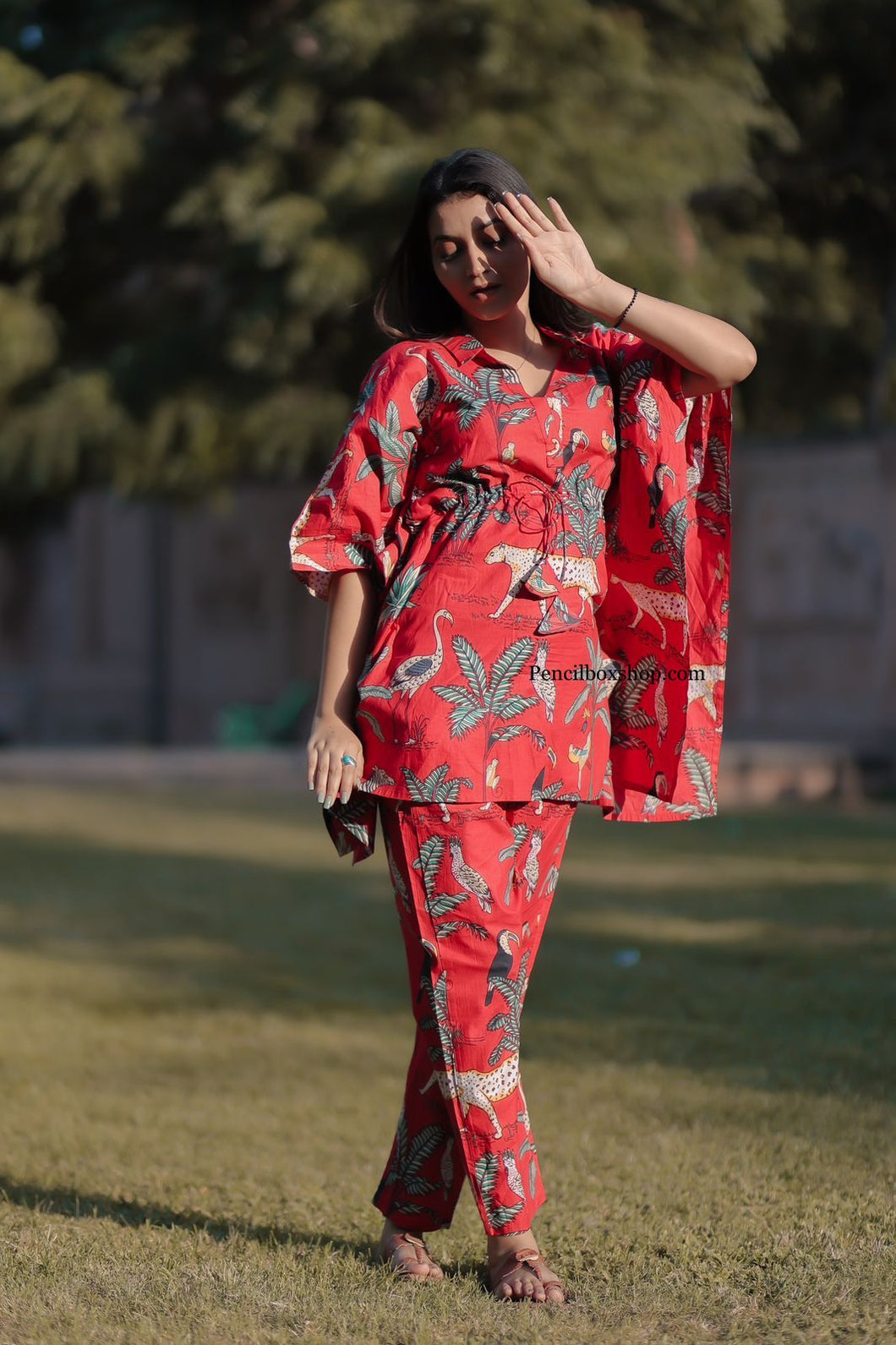 2 pc Designer kaftan Coord-set Red Tiger Print Women Clothing