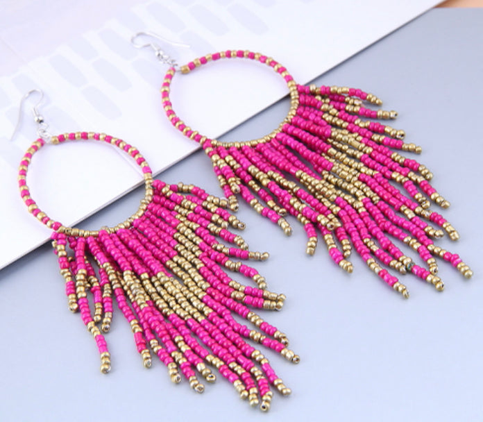 Pink Golden Round Tassel Earrings IDW