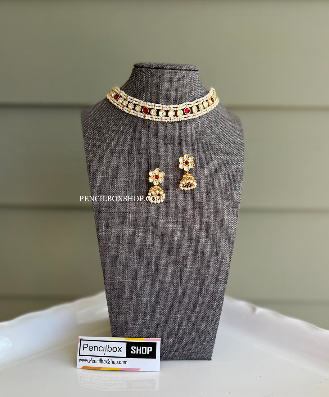 Tayani Ruby Pearl American Diamond Simple Choker Necklace set