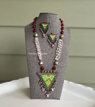 Load image into Gallery viewer, German Silver Handpainted Pearl Ghunghroo long necklace set
