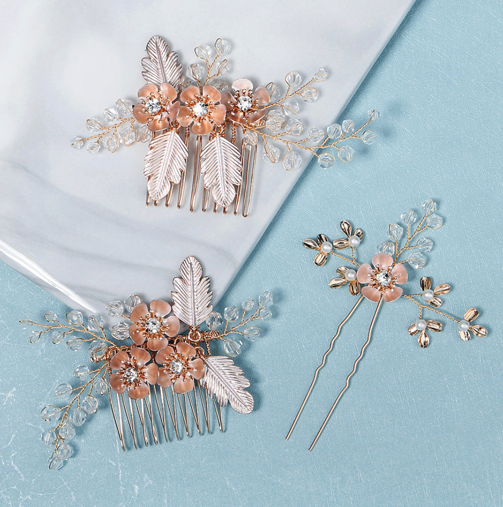 Set of 3 Golden Pearl Rhinestone cz stone bridal pearl hair accessories