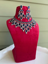 Load image into Gallery viewer, Royal Blue Statement Designer American Diamond Hanging Necklace set
