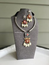Load image into Gallery viewer, 92.5 Silver Coated German silver pachi Kundan Hasli necklace set
