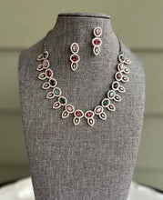 Load image into Gallery viewer, Simple Dainty Victorian Finish Dual tone American Diamond Multicolor Necklace set
