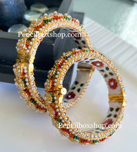 Load image into Gallery viewer, Pearl lines multicolor Kundan Rajasthani Openable Single Bangle
