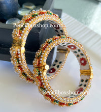 Load image into Gallery viewer, Pearl lines multicolor Kundan Rajasthani Openable Single Bangle
