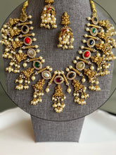 Load image into Gallery viewer, Navratna guttapusalu lakshmi ji real Kemp stone Cz Copper based necklace set
