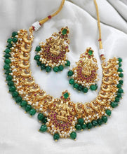 Load image into Gallery viewer, Multicolor Lakshmi ji peacock Simple gold finish cz temple necklace set
