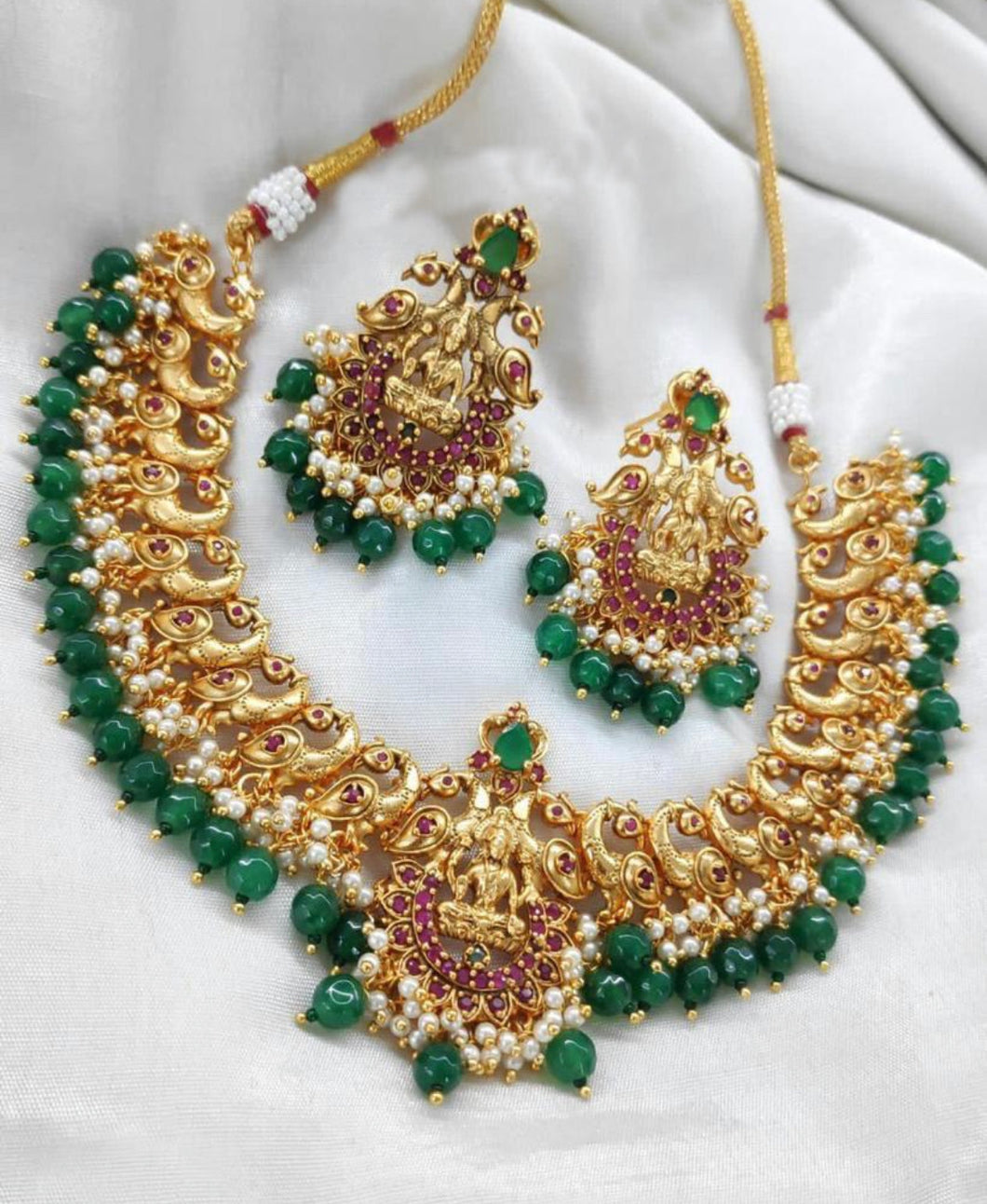 Multicolor Lakshmi ji peacock Simple gold finish cz temple necklace set