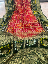 Load image into Gallery viewer, Red Green Bandhani Square Golden Zari Border Silk Saree Elegant
