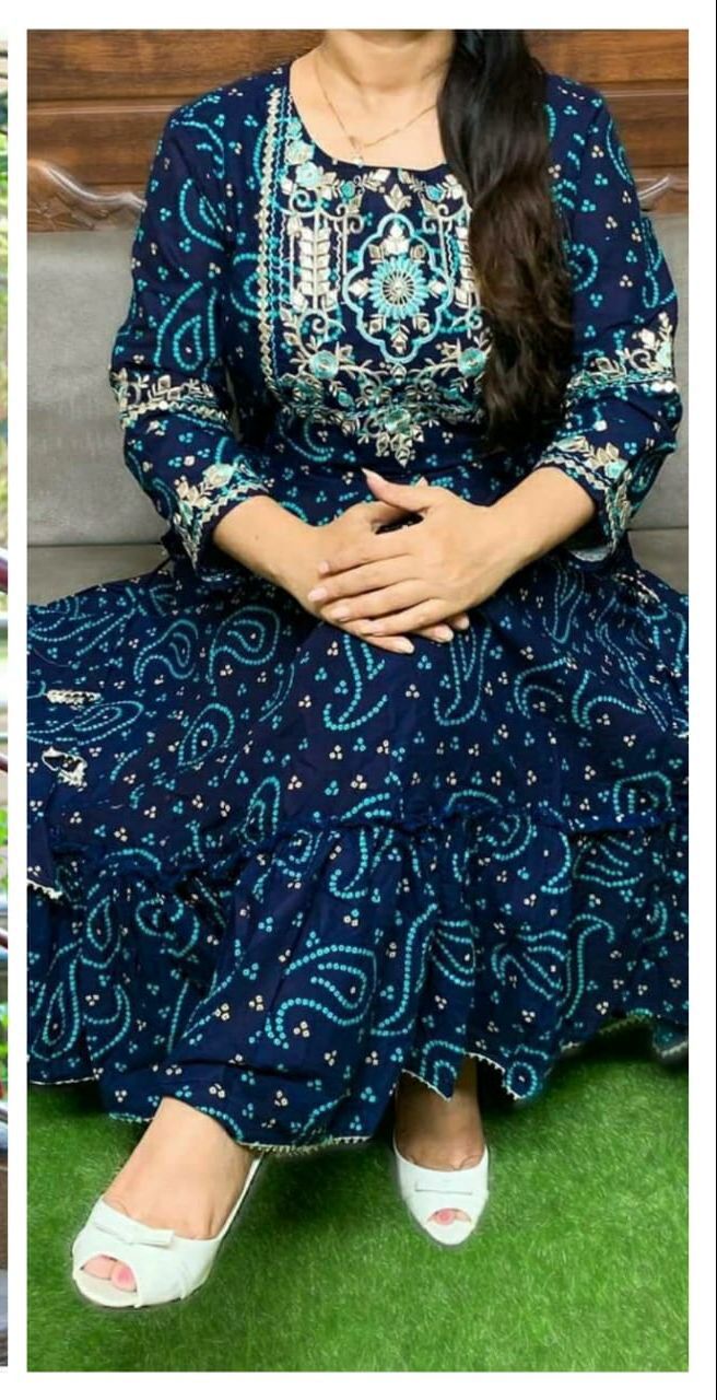 Blue bandhej Anarkali gown soft cotton with foil mirror work women dress clothing