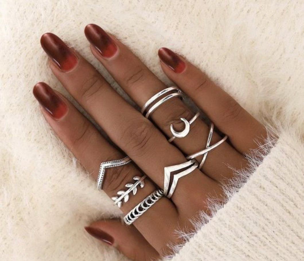7 pc Silver plated moon leaf cross Ring set