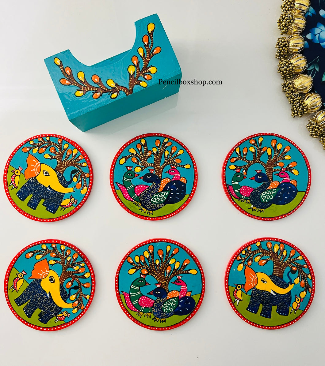 Set of 6 Madhubani chai Tea handpainted Coasters with stand Home Decor