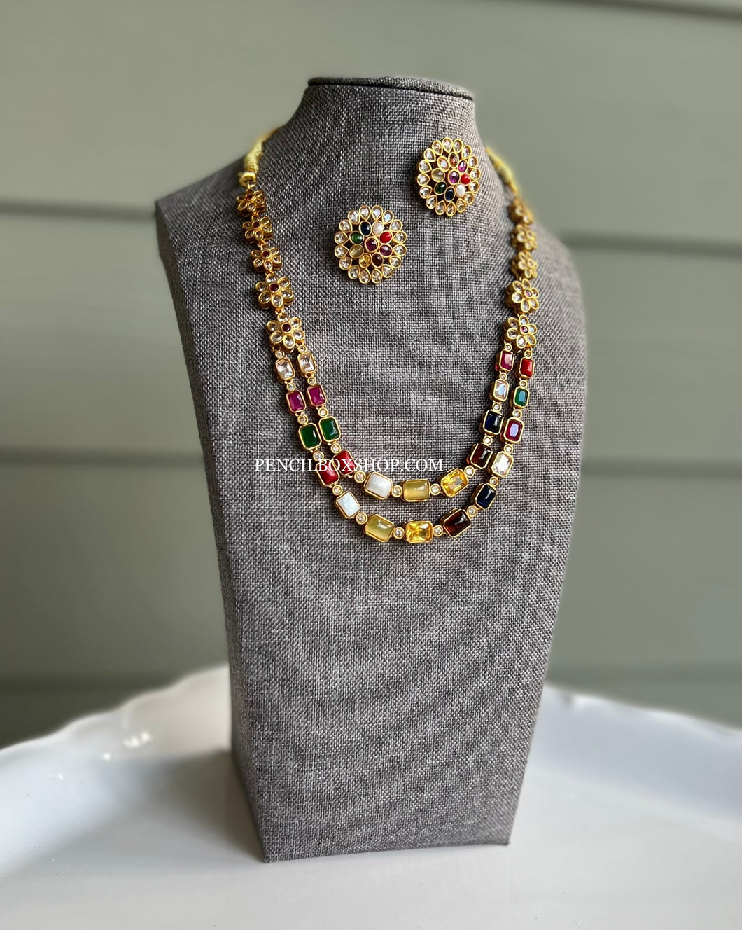 Two line Navratna Stone Kemp stone Necklace set