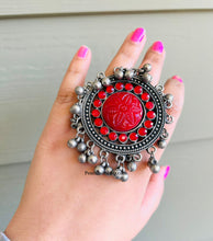 Load image into Gallery viewer, Afghani Red Carved Stone stone Ghunghroo Adjustable Ring
