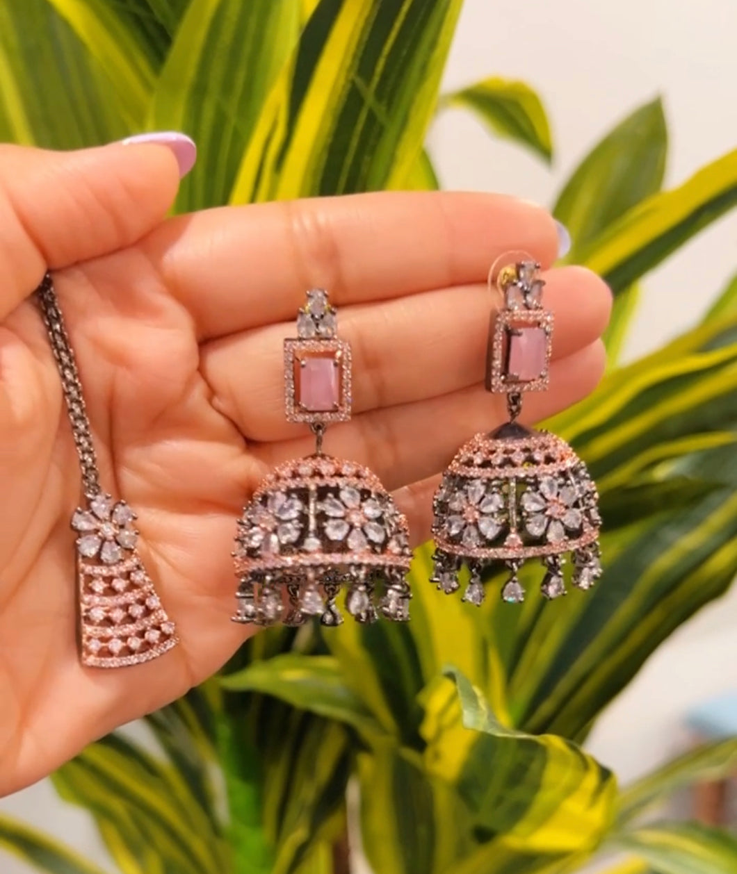 American Diamond Pink Jhumkas earrings with maangtikka