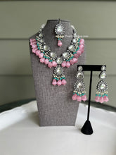 Load image into Gallery viewer, American Diamond Pink ocean blue Statement Drop Elegant Necklace set for women with maangtikka

