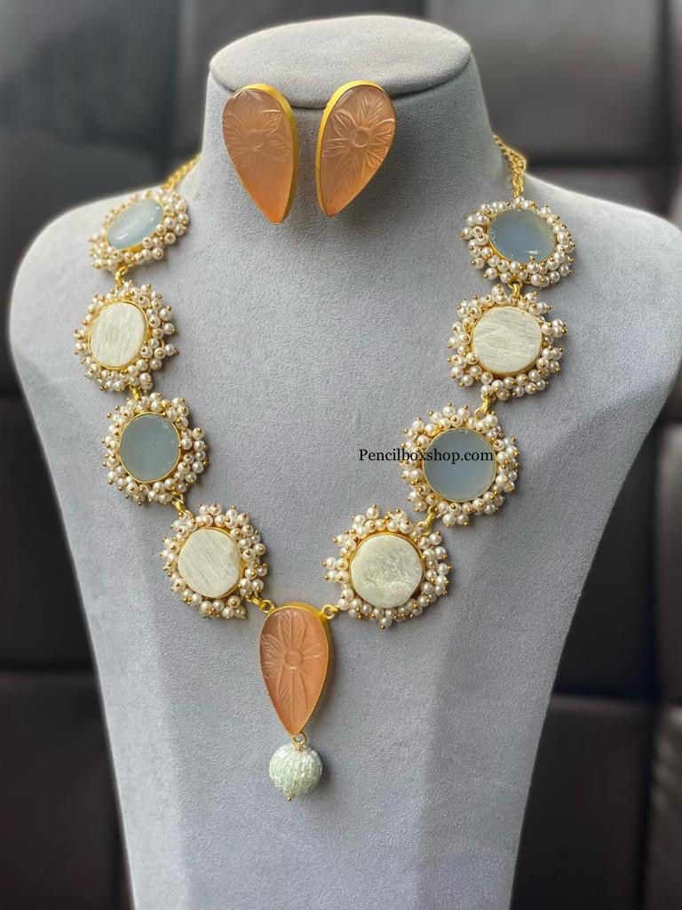 Contemporary Designer Pink White Long Natural Stone Necklace set
