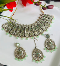 Load image into Gallery viewer, Mint Pearl Mirror Statement Piece Necklace set with Maangtikka
