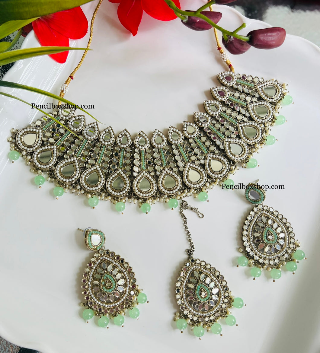 Mint Pearl Mirror Statement Piece Necklace set with Maangtikka