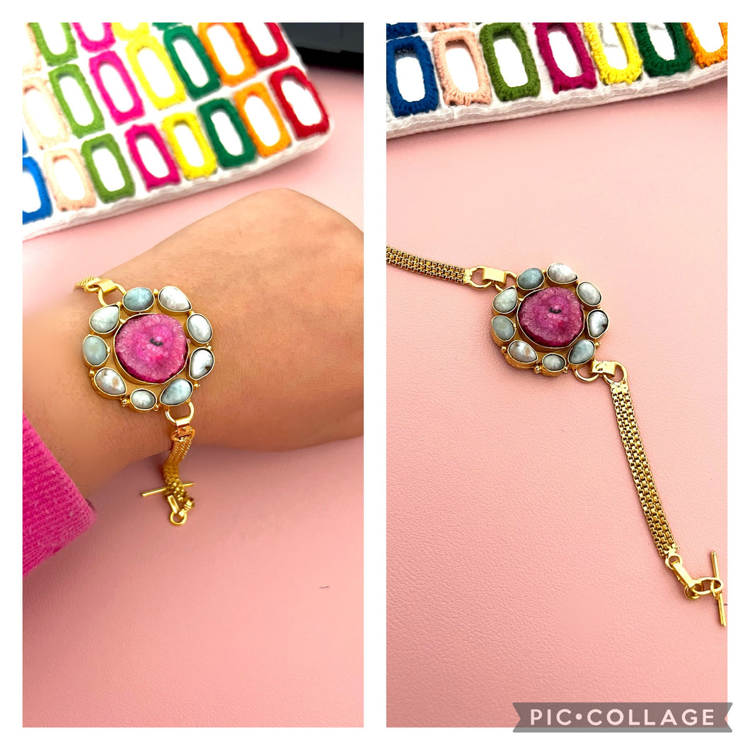 Pink Blue Natural Stone Contemporary Openable Bracelet
