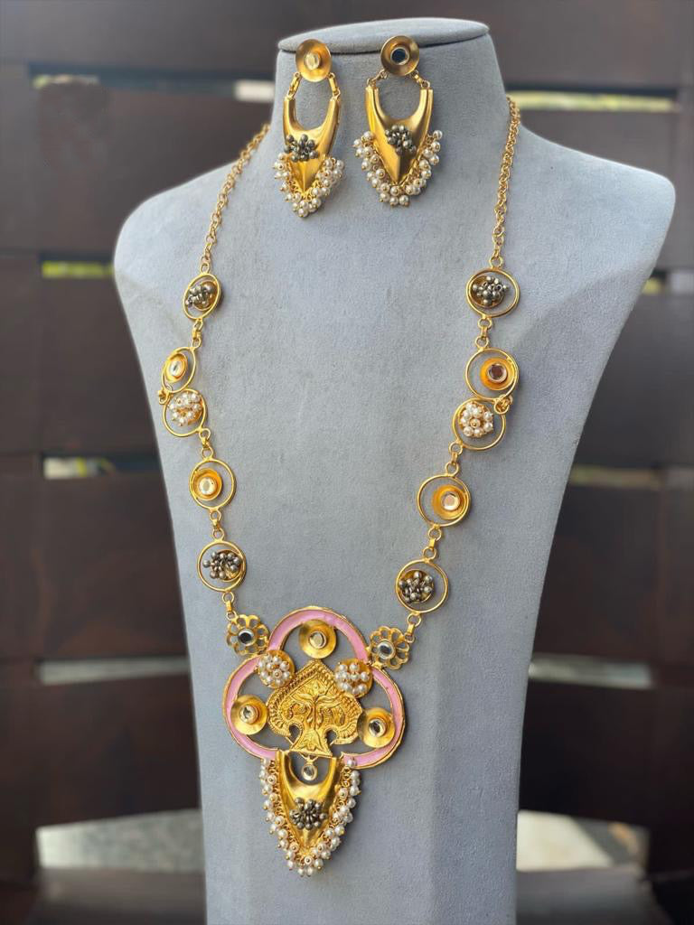 Contemporary Pink  Golden Beads Fusion Long Necklace set