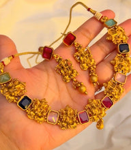 Load image into Gallery viewer, Golden Ganesha Ruby Multicolor Stone Temple Necklace set
