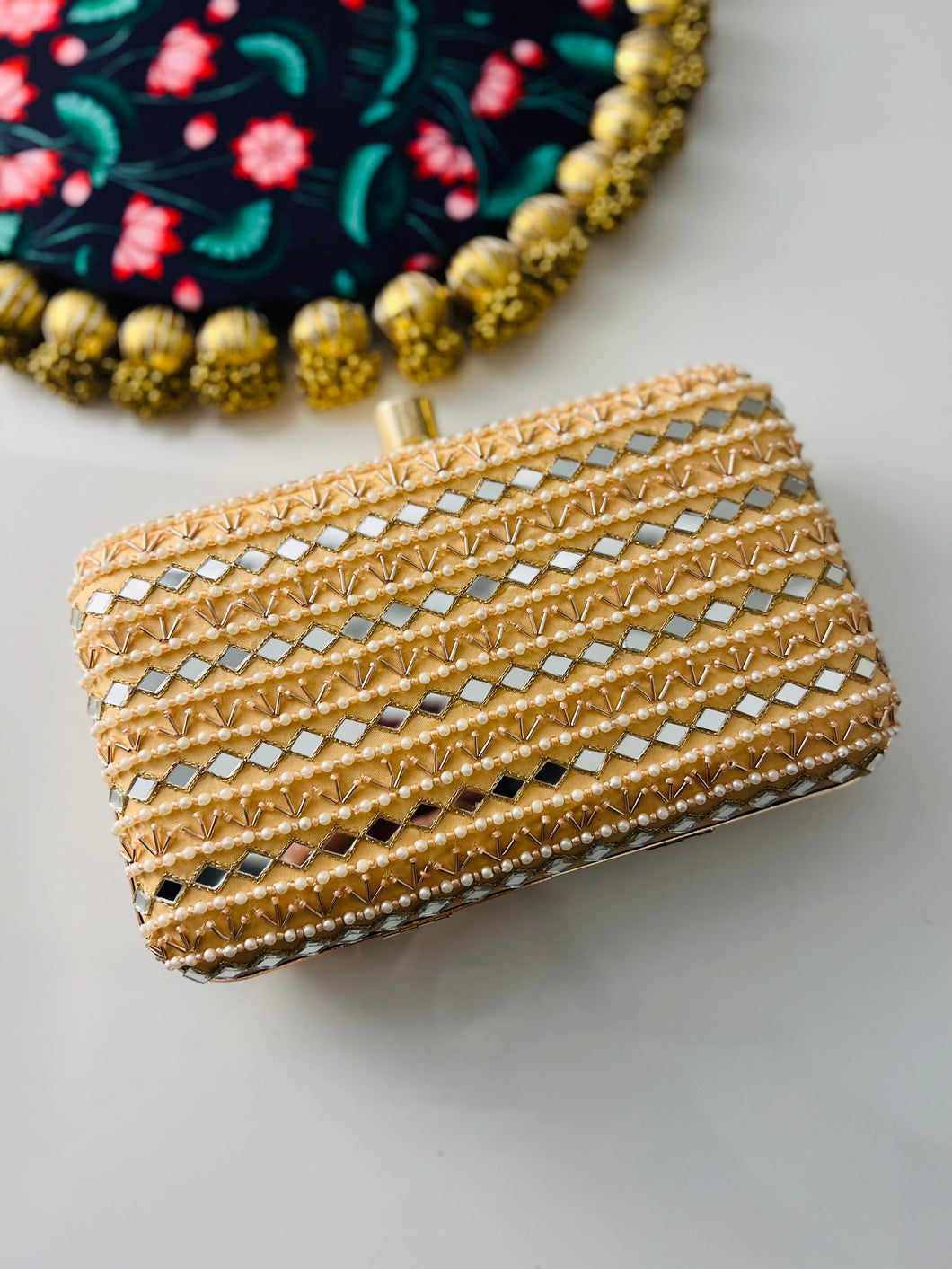 Mirror Peach Embroidery Ethnic clutch for women with chain