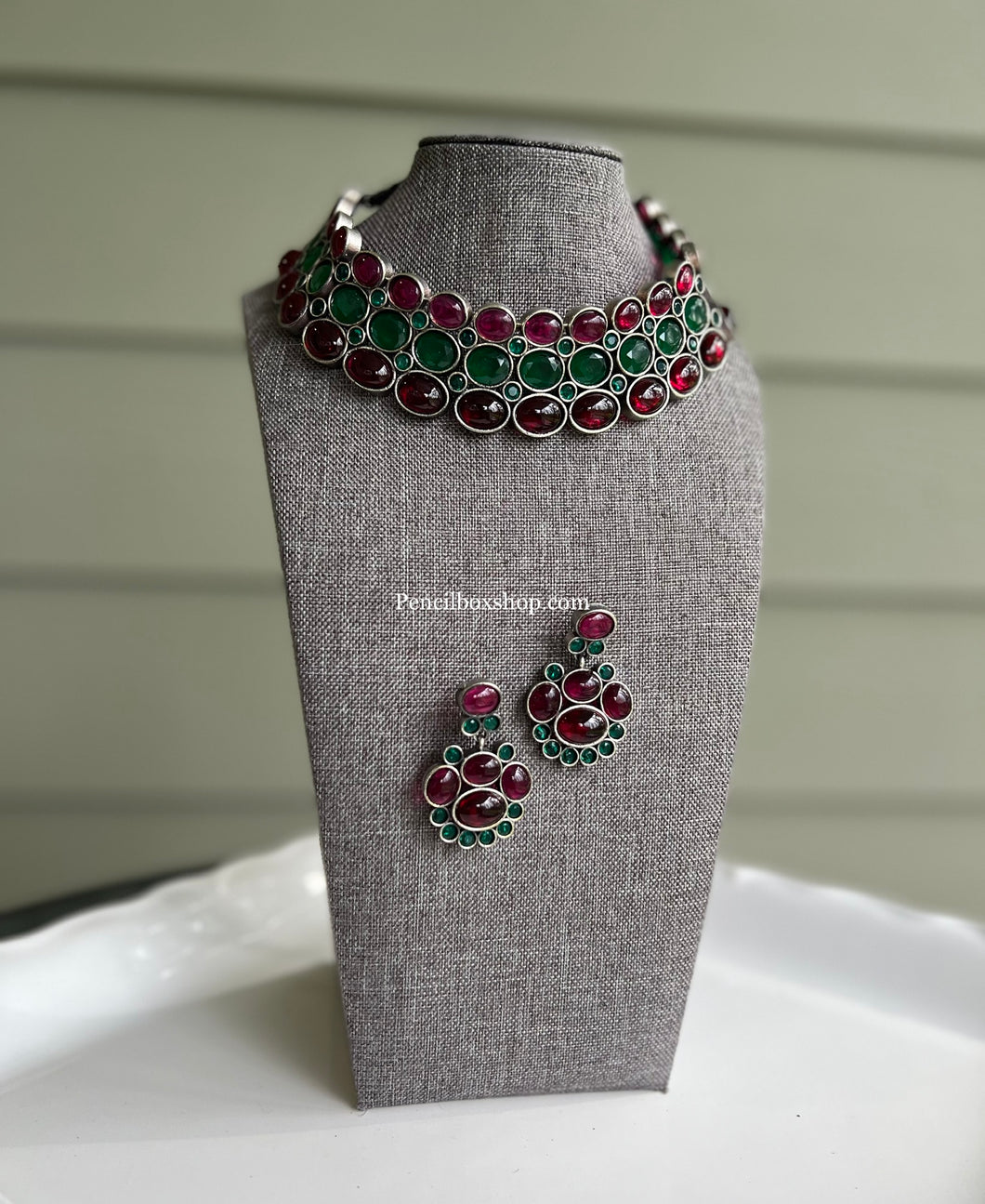 German Silver Statement Glass Stone three layered Choker Necklace set
