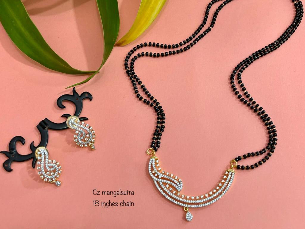 Cubic zirconia Side Hanging Drop  AD white Black beads Mangalsutra Necklace
