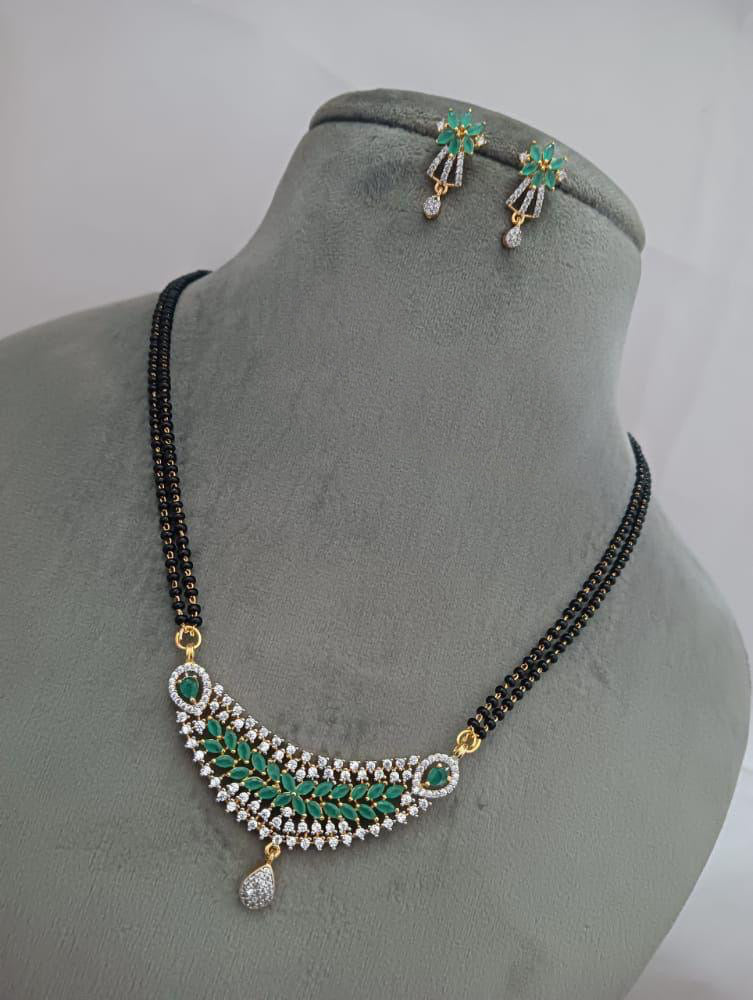 Emerald Green Cubic zirconia AD white Black beads Mangalsutra Necklace