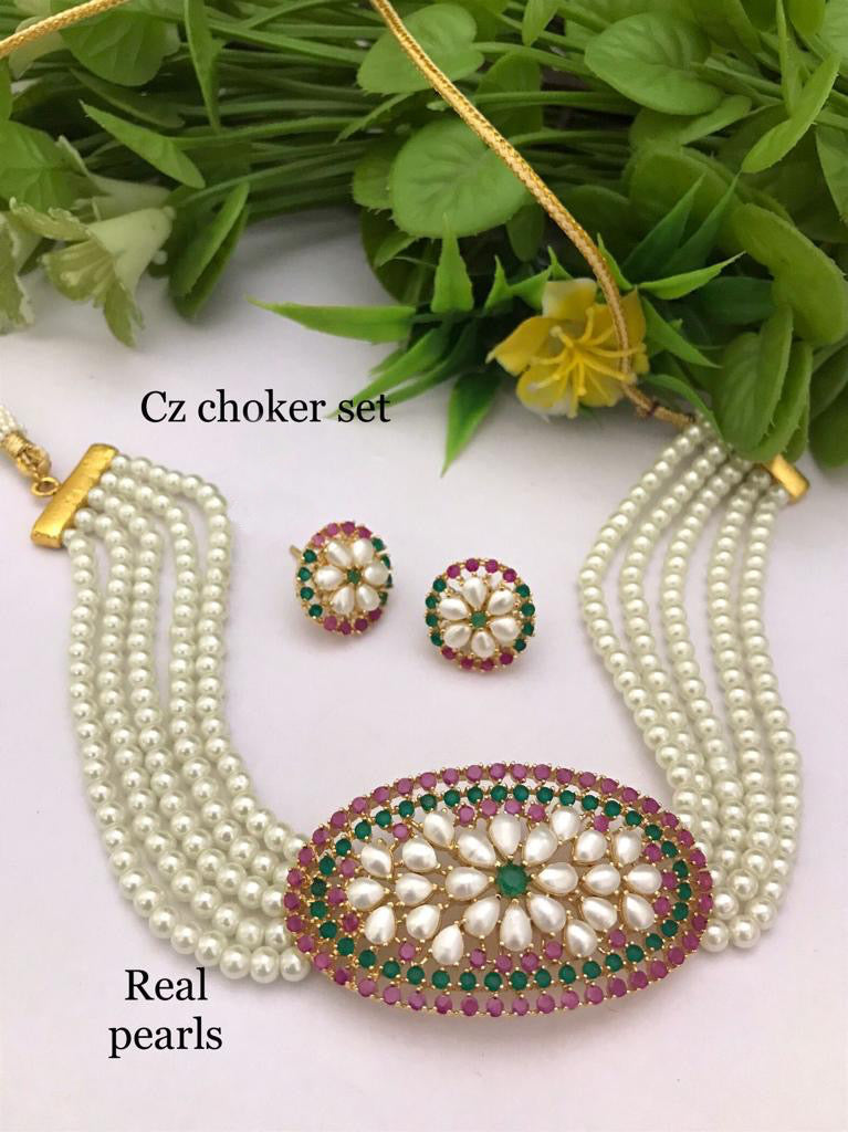 Real pearl American diamond Multicolor Premium Pearls Choker Necklace set