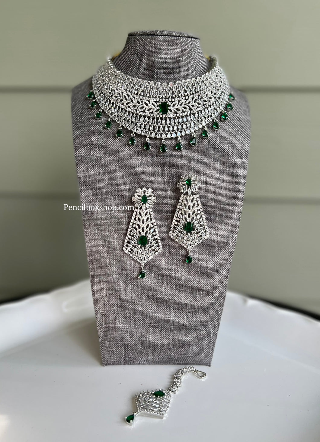 Statement American diamond Premium Emerald Green white Choker necklace set