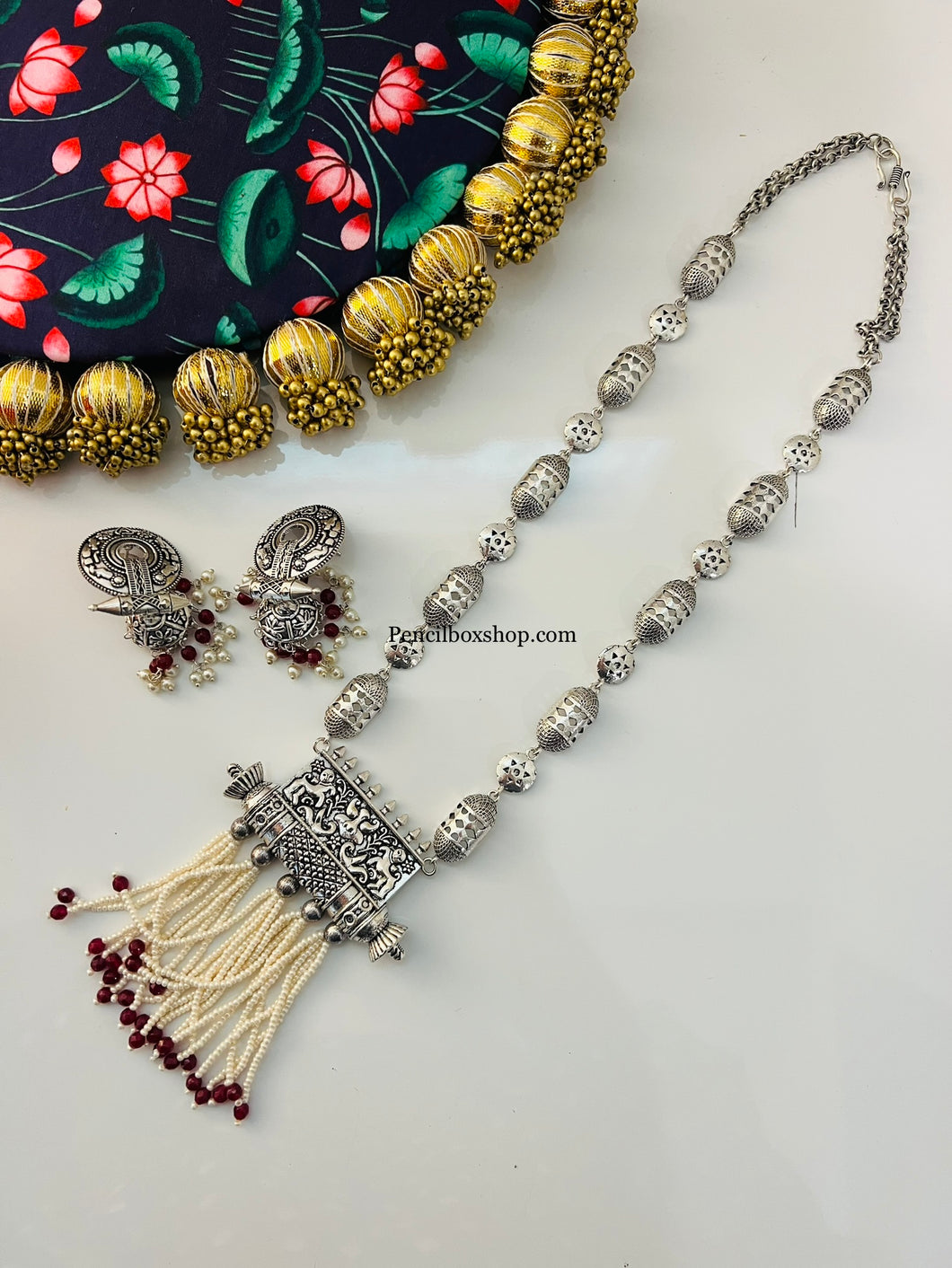 German Silver  peacock Ruby Pearl  Necklace set