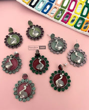 Load image into Gallery viewer, Silver lookalike German silver Pink Mint Peacock Earrings
