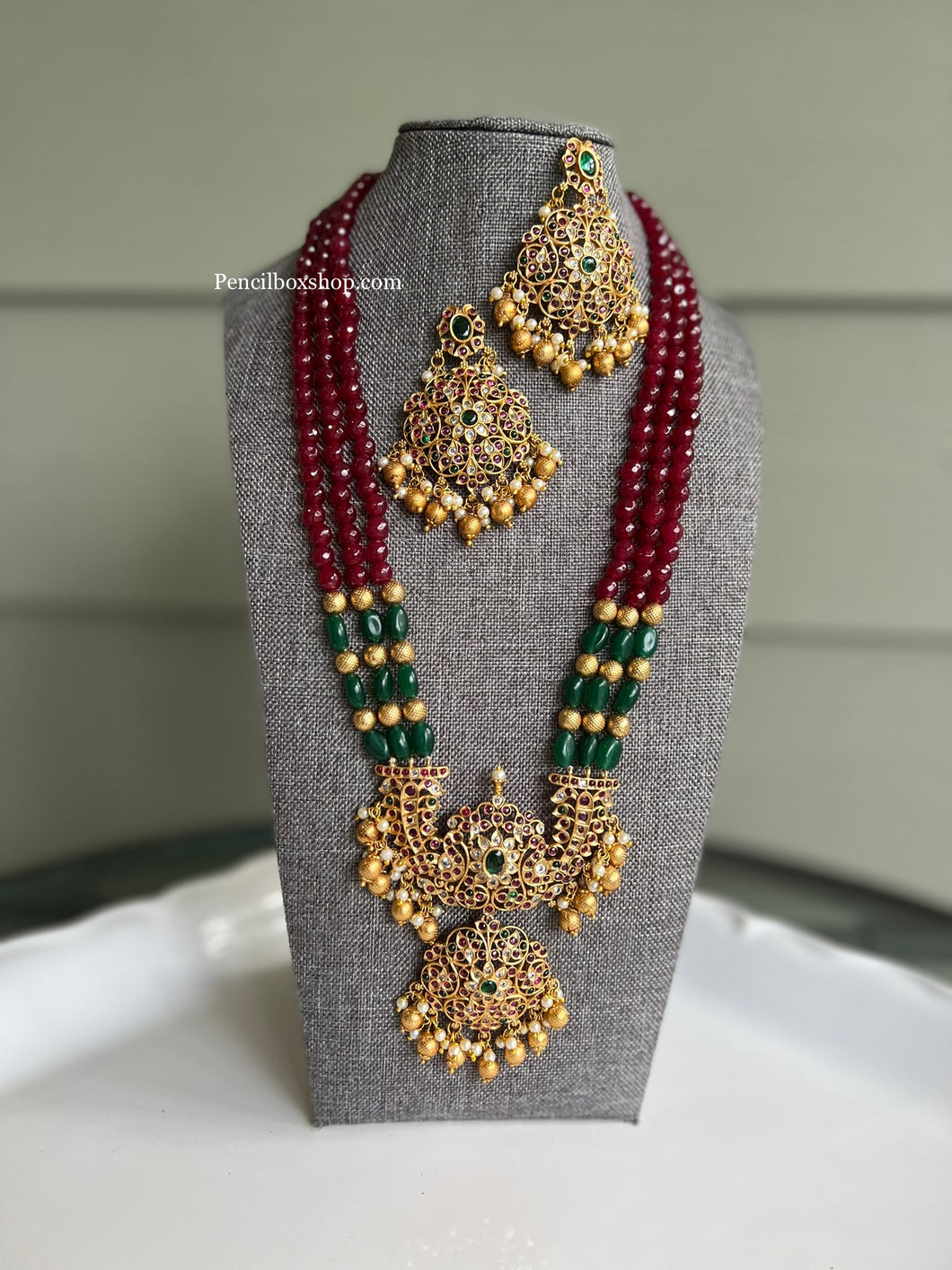 Multicolor Temple Long Real Kemp stone Haram Necklace Set