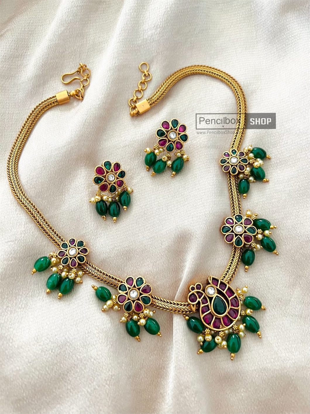Real Jadau Kundan Kemp Stone peacock  Simple Necklace set