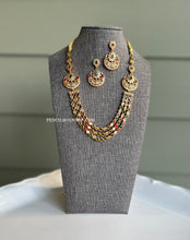 Load image into Gallery viewer, Three line Navratna cz Stone Kemp stone Necklace set

